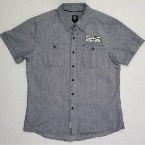 Harley Davidson Button Down Patch Shirt L Mens EUC Short Sleeve Striped Biker